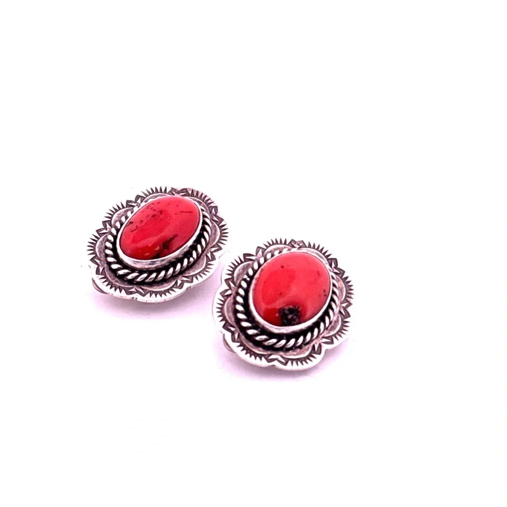 Navajo J. Slifka 925 Sterling silver and coral clip on earrings 11.7g